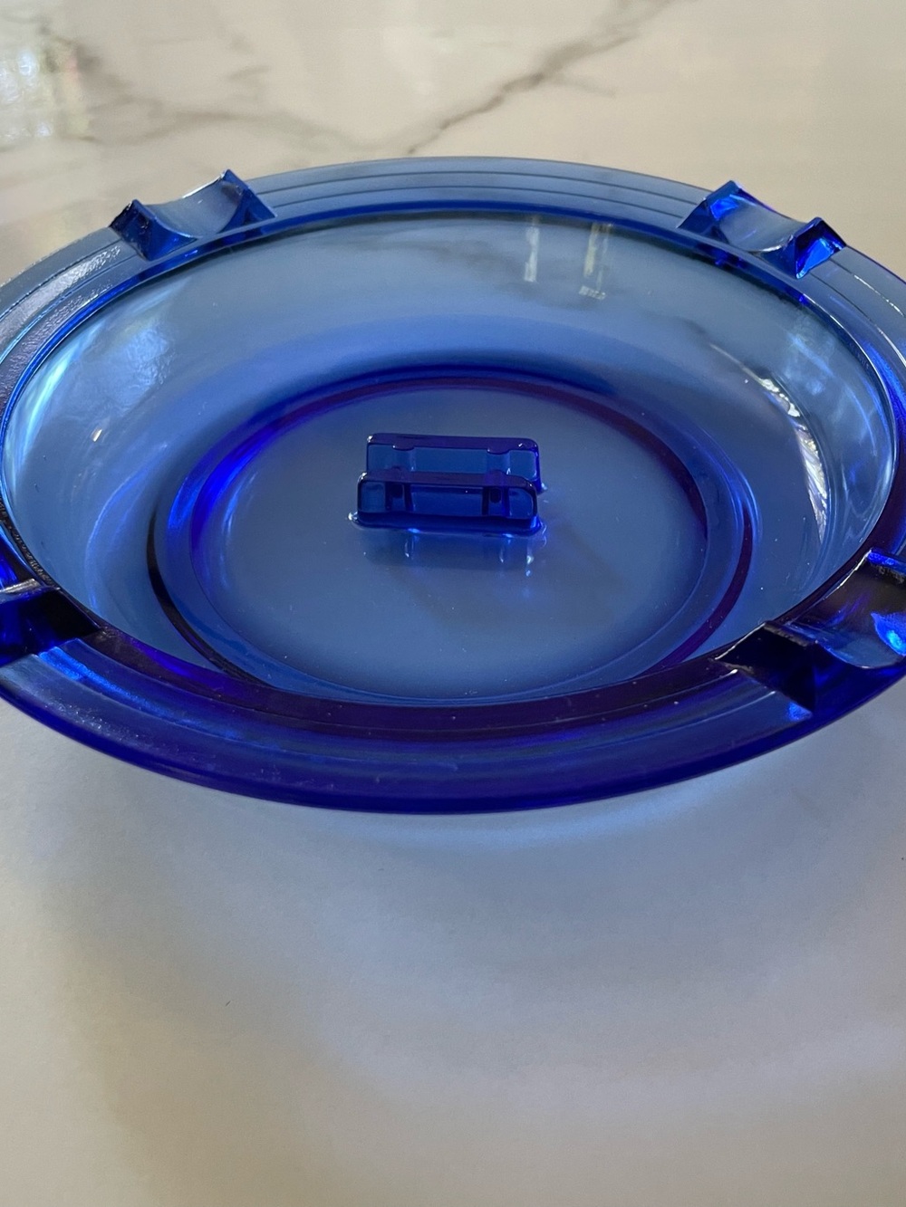Vintage Hazel Atlas Moderntone Cobalt Ashtay With Match Holder